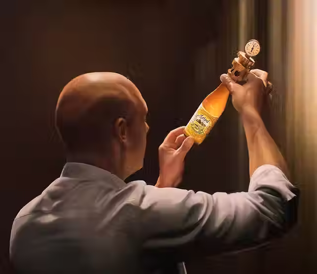 Brewer seen from behind, holding a bottle of Tripel Karmeliet up to the light to inspect it